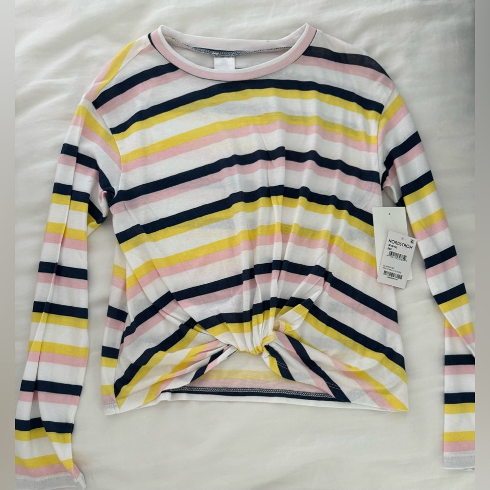 Nordstrom girls Twist Front Long Sleeve T-shirt In White Multi Stripe NVW